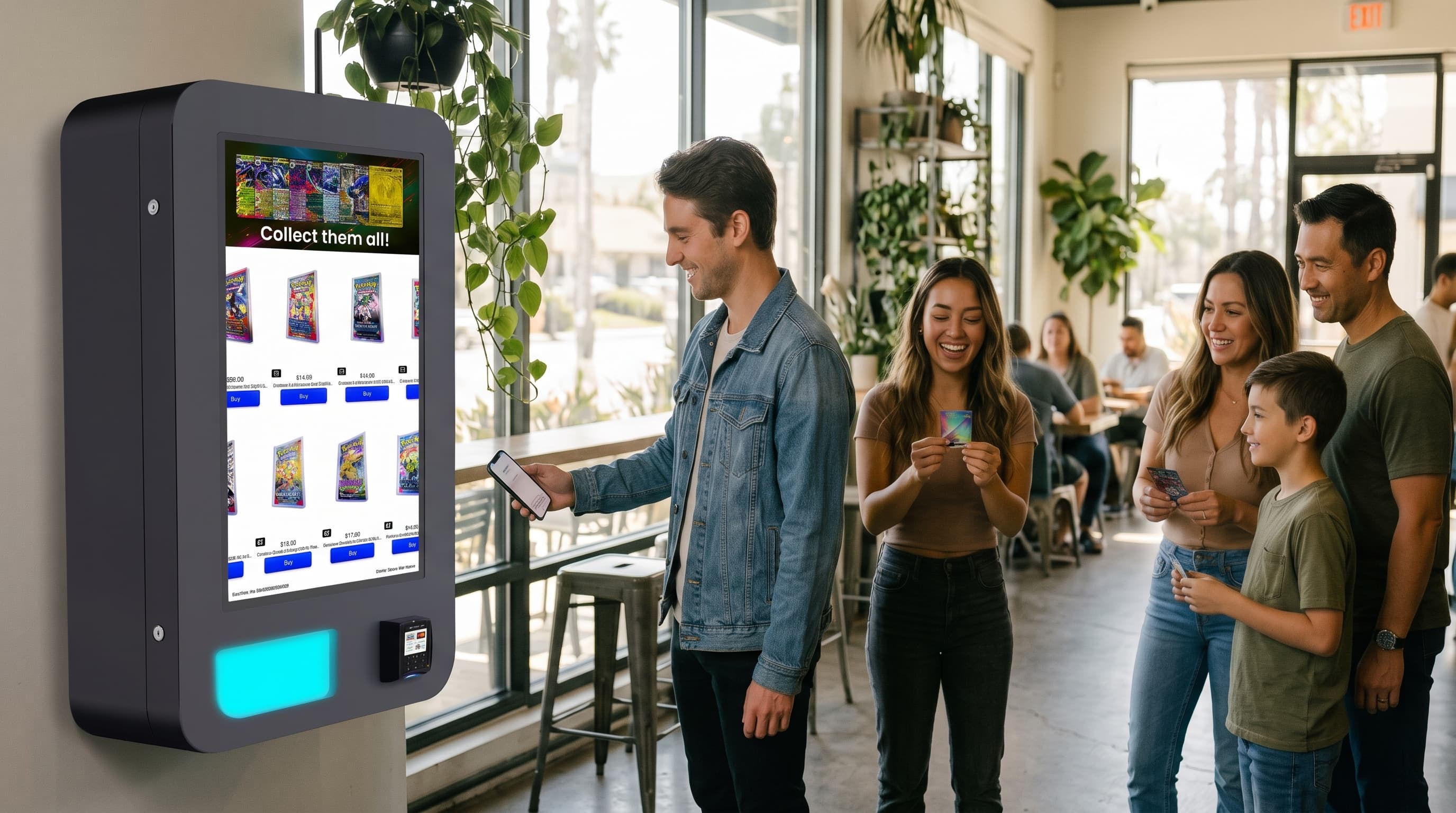 Modern cashless collectible card vending machine in a San Diego business